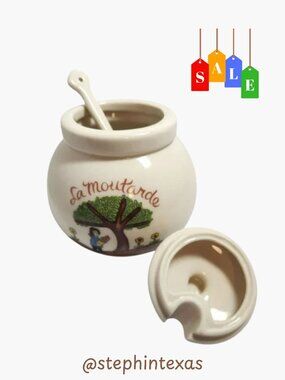Vintage French Mustard Jar w Lid Spoon Gallery Originals 1984 Ceramic